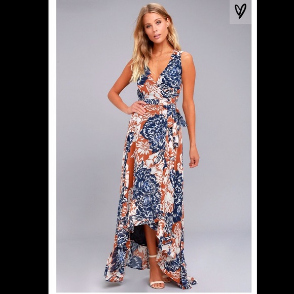 Lulus Dresses & Skirts - Desert Trip Rust Orange Floral High-Low Wrap Dress